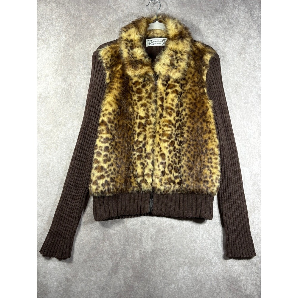 Tiara Sweater Womens XL Brown Leopard Print Faux Fur Rib Knit Zip Mob Wives